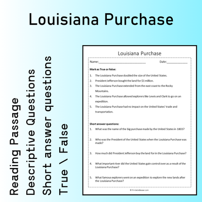 Louisiana Purchase | Reading Comprehension Passage Printable Worksheet