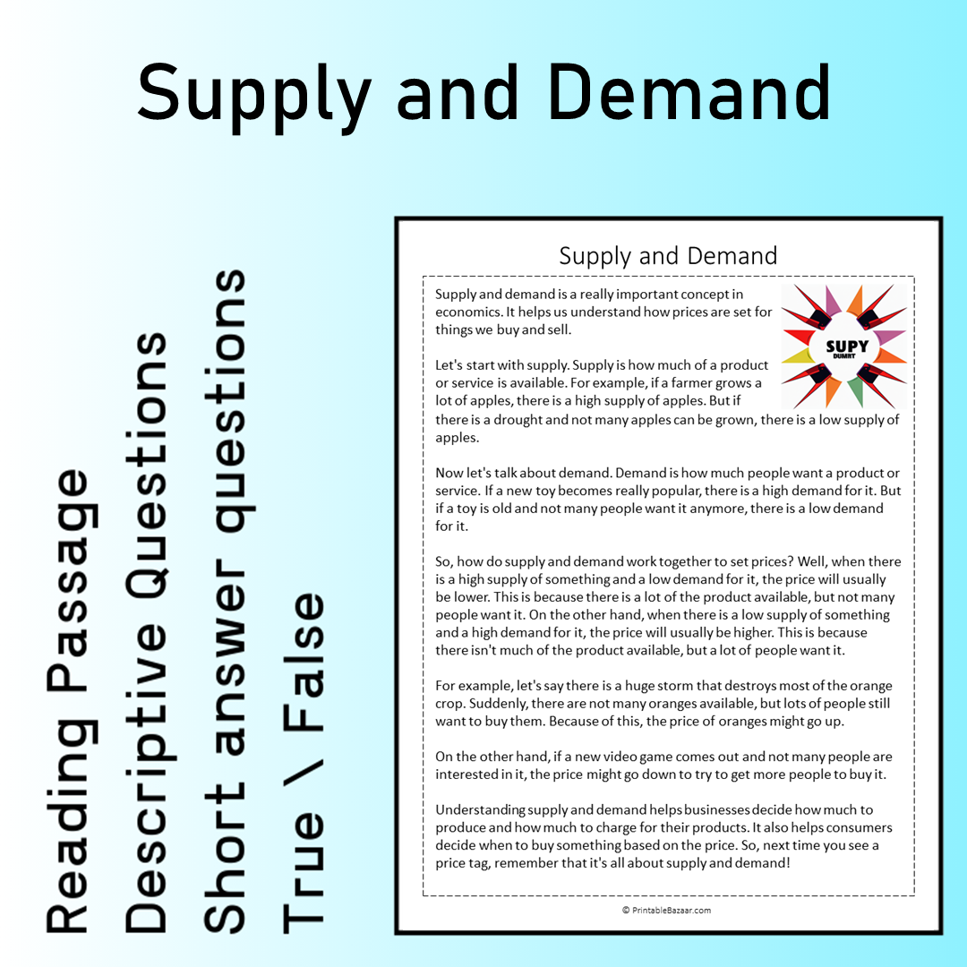 Supply and Demand | Reading Comprehension Passage Printable Worksheet