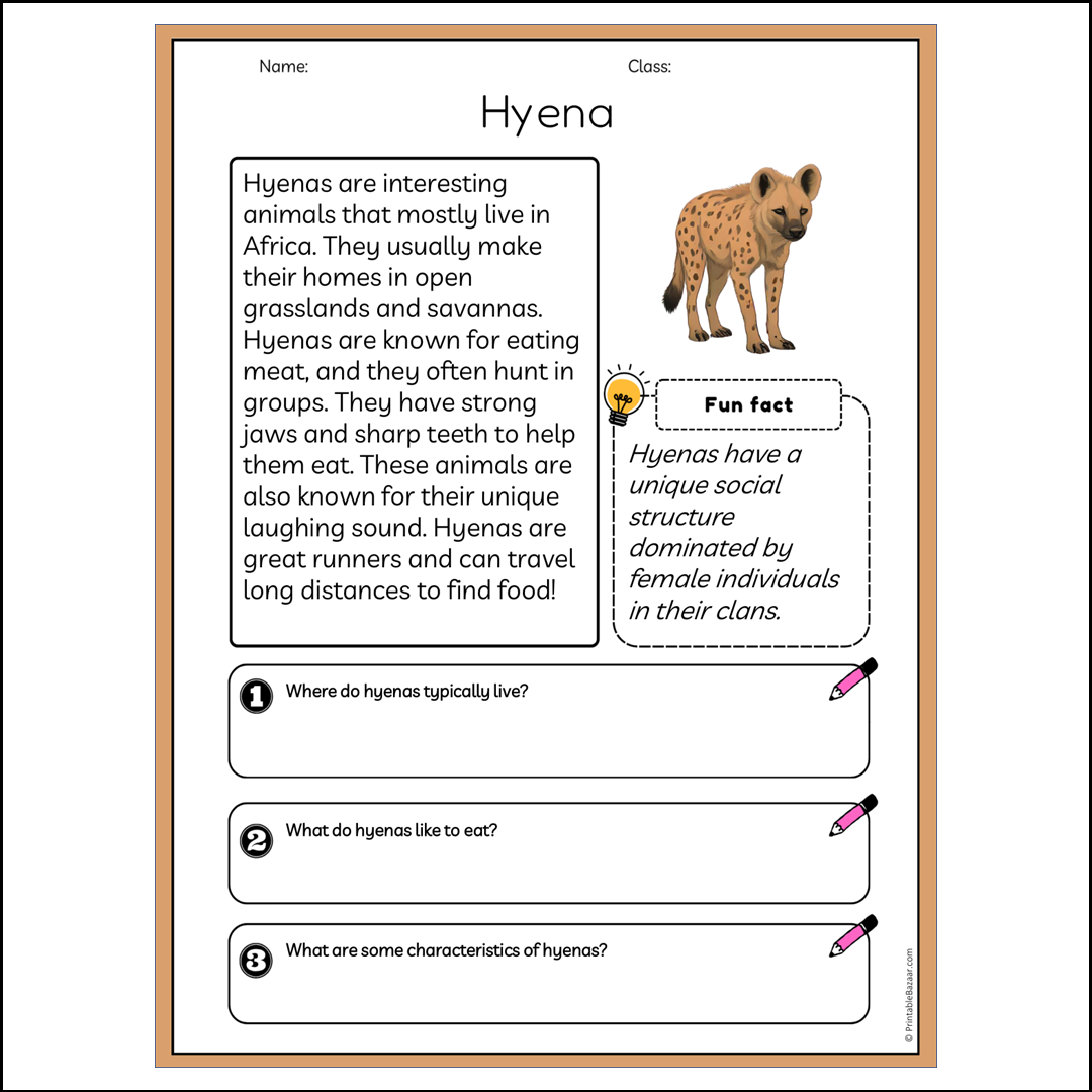 Hyena | Reading Passage Comprehension Questions Writing Facts Worksheet