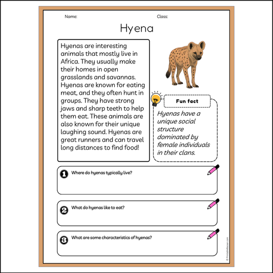 Hyena | Reading Passage Comprehension Questions Writing Facts Worksheet