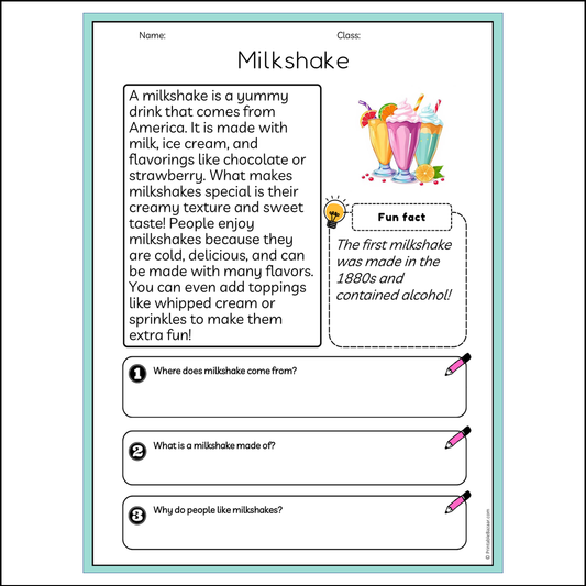 Milkshake | Reading Passage Comprehension Questions Writing Facts Worksheet