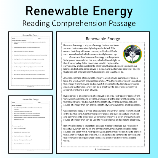 Renewable Energy | Reading Comprehension Passage Printable Worksheet