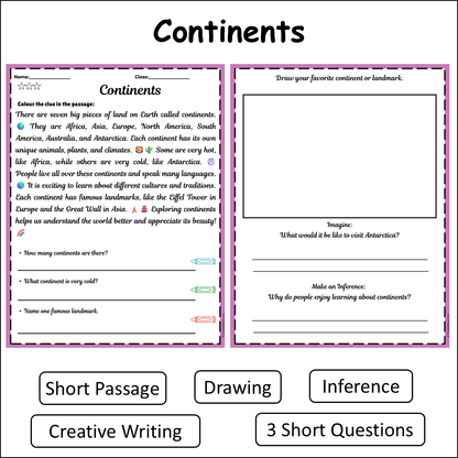 Continents | Short Reading Comprehension Creative Worksheet