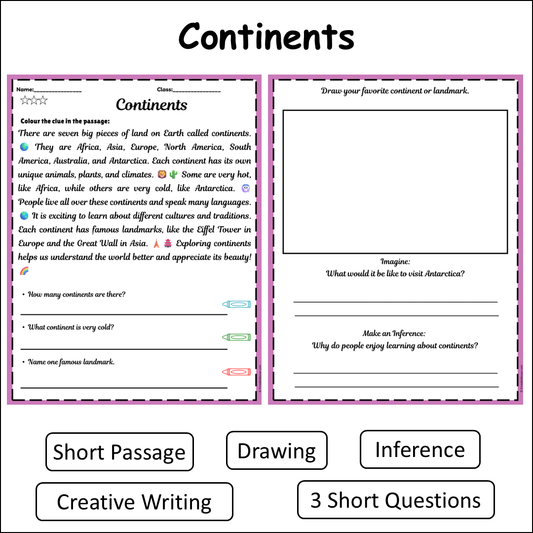 Continents | Short Reading Comprehension Creative Worksheet