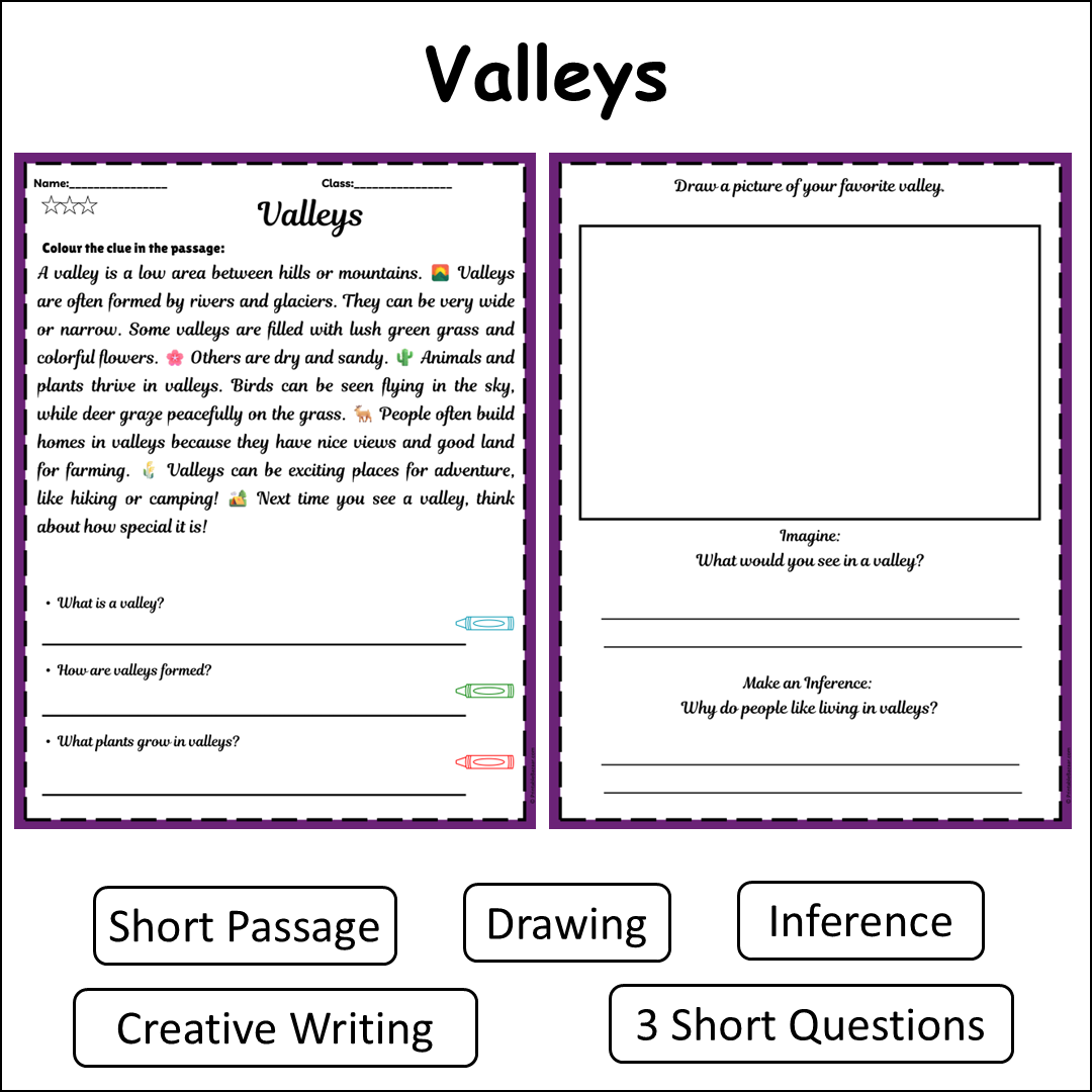 Valleys | Short Reading Comprehension Creative Worksheet