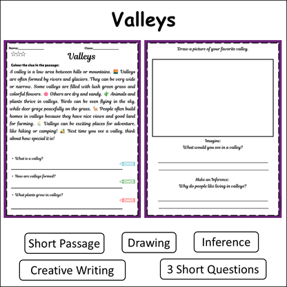 Valleys | Short Reading Comprehension Creative Worksheet