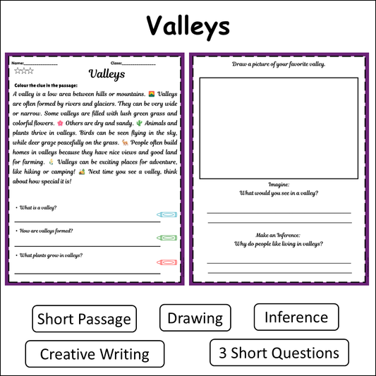 Valleys | Short Reading Comprehension Creative Worksheet