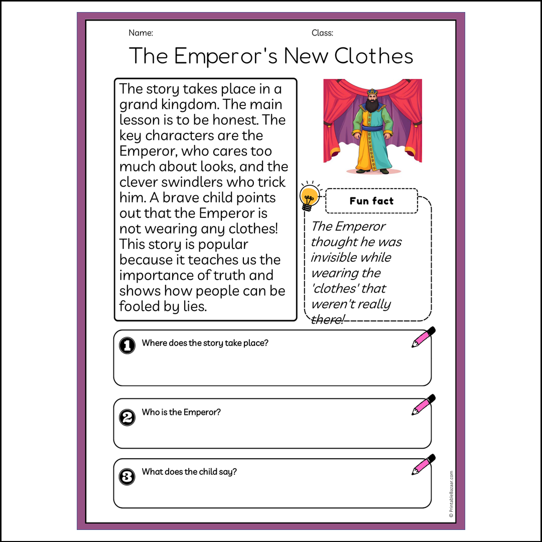 The Emperor's New Clothes | Reading Passage Comprehension Questions Writing Facts Worksheet