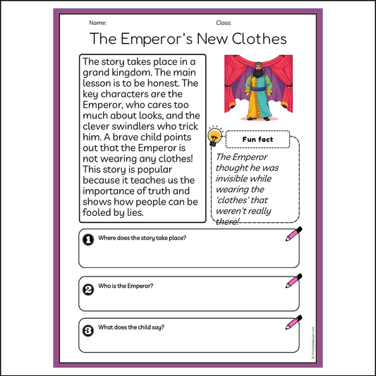 The Emperor's New Clothes | Reading Passage Comprehension Questions Writing Facts Worksheet