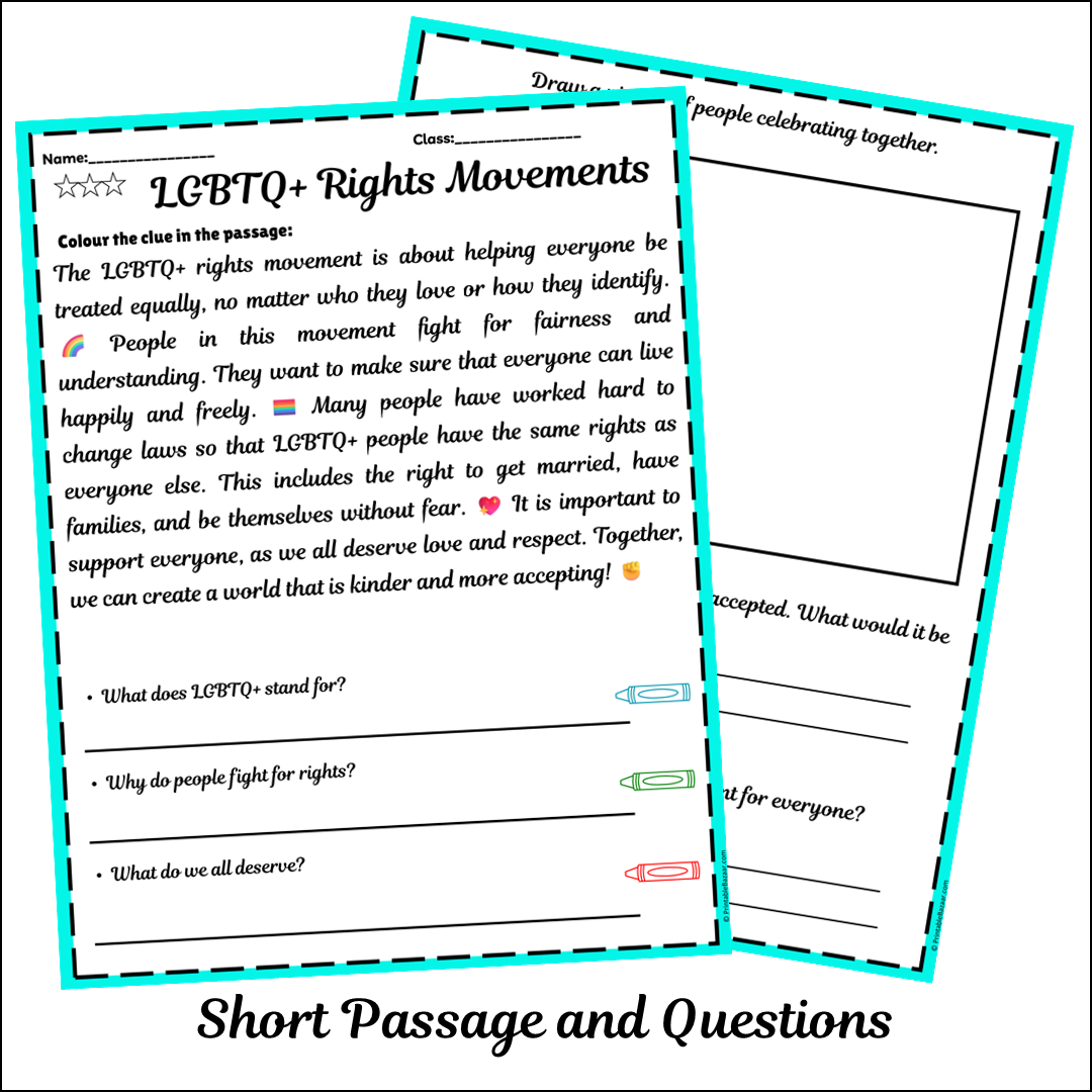 LGBTQ+ Rights Movements | Short Reading Comprehension Creative Worksheet