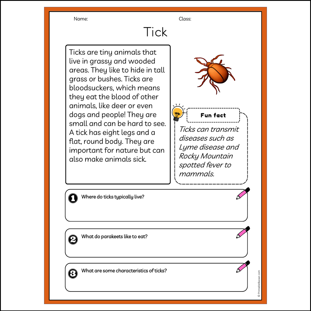 Tick | Reading Passage Comprehension Questions Writing Facts Worksheet