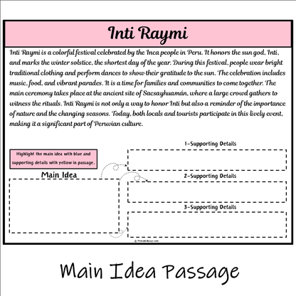 Inti Raymi | Main Idea and Supporting Details Reading Passage and Questions