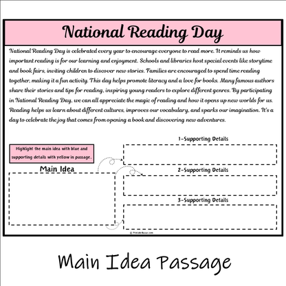 National Reading Day | Main Idea and Supporting Details Reading Passage and Questions