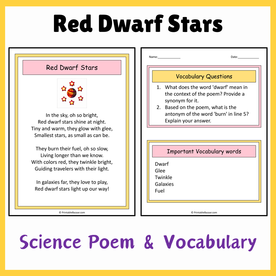 Red Dwarf Stars | Science Poem Reading Comprehension Activity