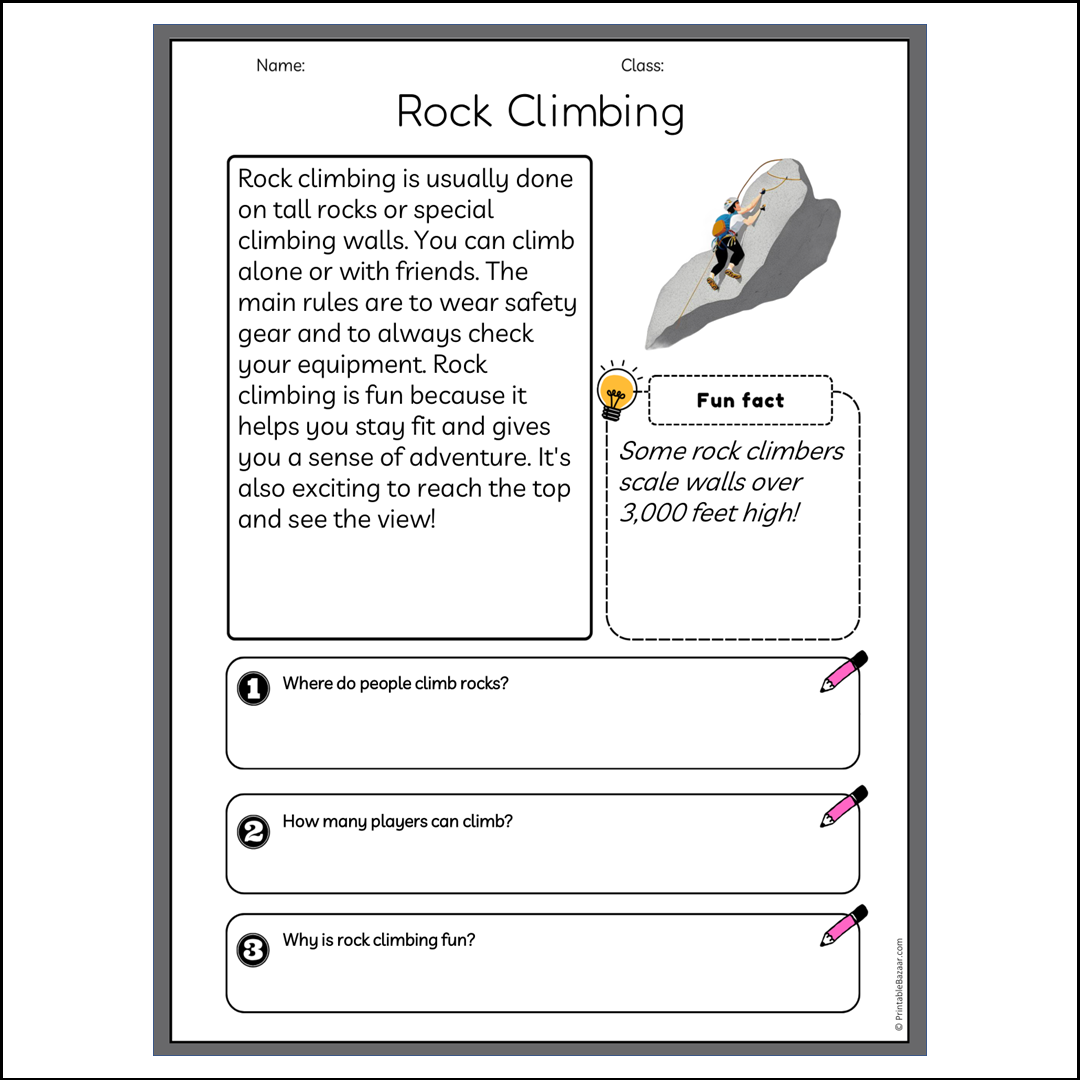 Rock Climbing | Reading Passage Comprehension Questions Writing Facts Worksheet