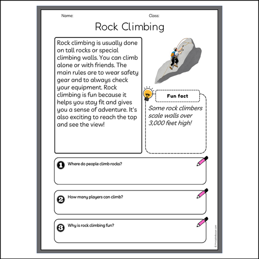 Rock Climbing | Reading Passage Comprehension Questions Writing Facts Worksheet