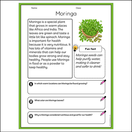 Moringa | Reading Passage Comprehension Questions Writing Facts Worksheet