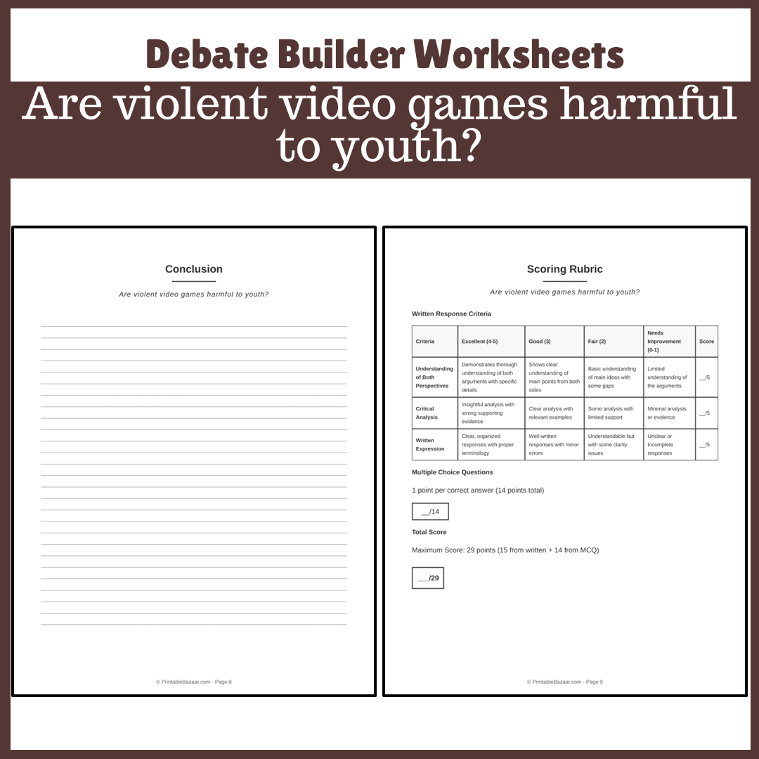 Are violent video games harmful to youth? | Favour and Against Worksheet Printable Activity