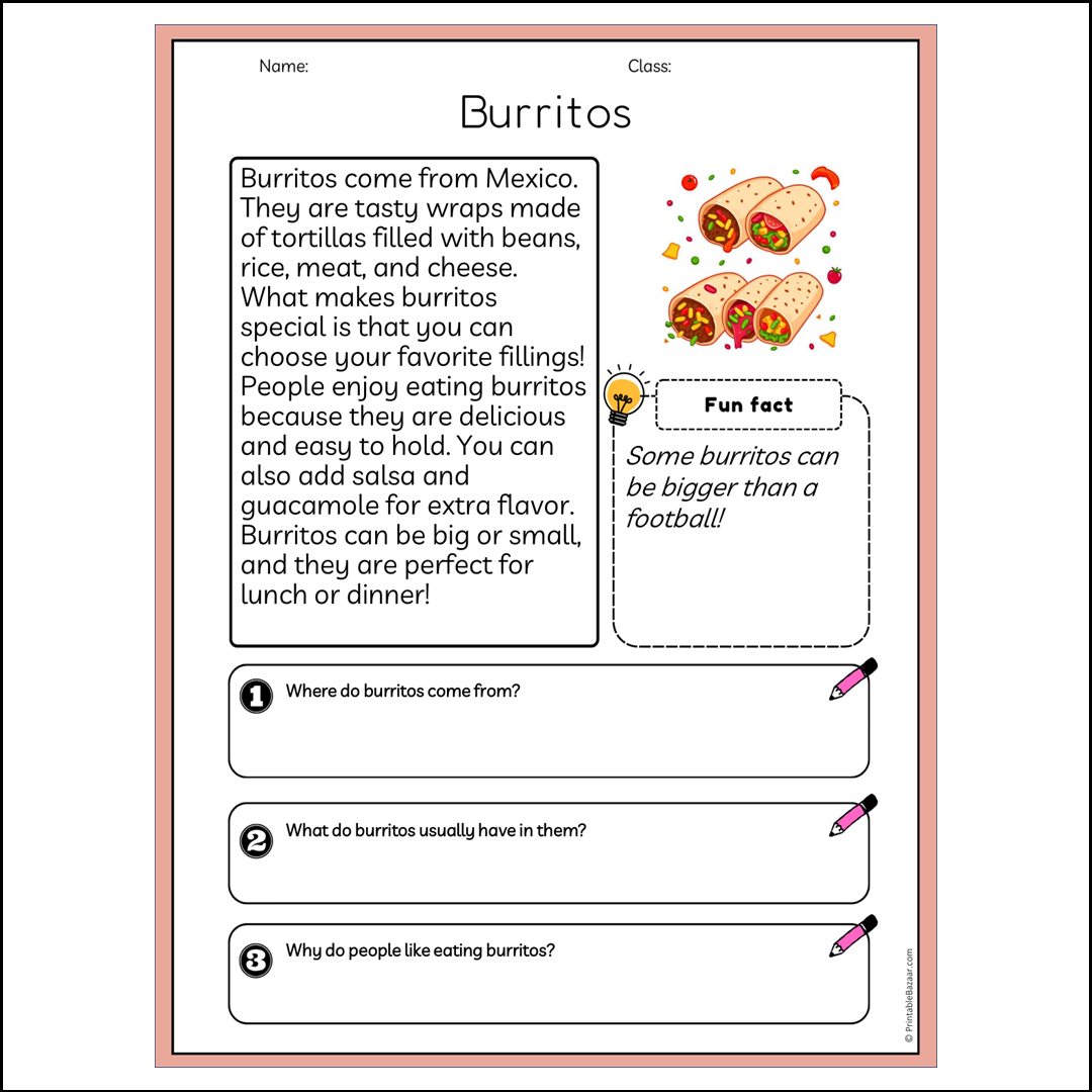 Burritos | Reading Passage Comprehension Questions Writing Facts Worksheet