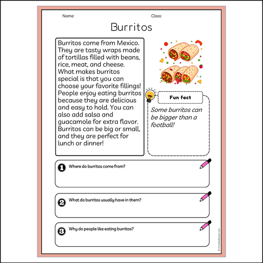 Burritos | Reading Passage Comprehension Questions Writing Facts Worksheet