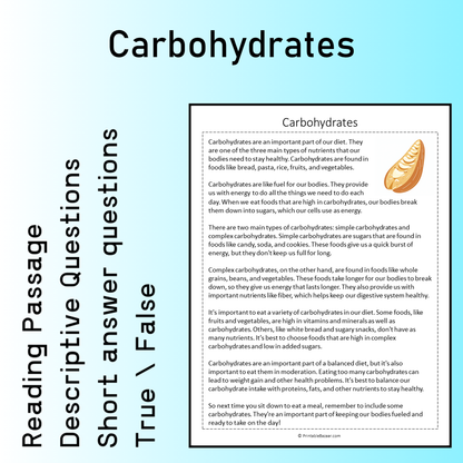 Carbohydrates | Reading Comprehension Passage Printable Worksheet