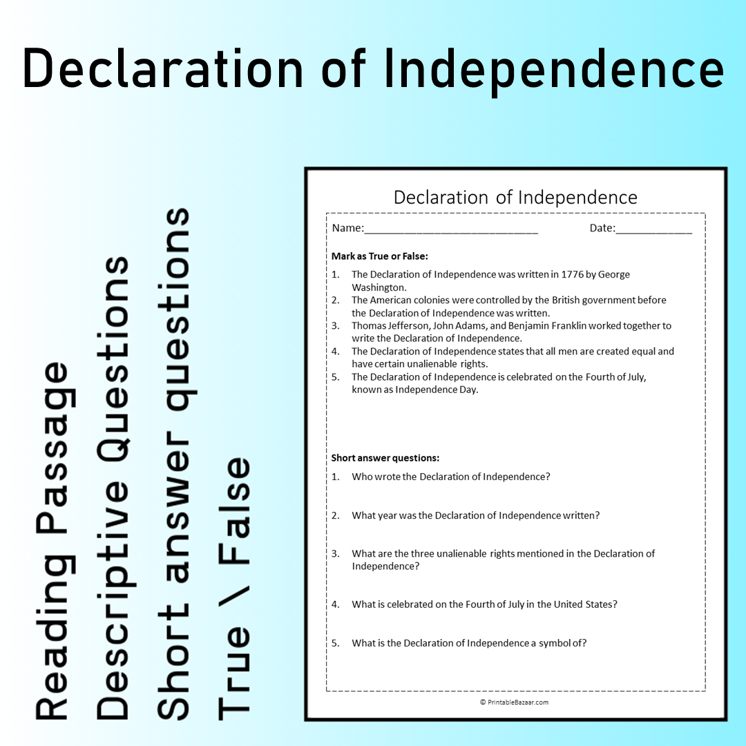 Declaration of Independence | Reading Comprehension Passage Printable Worksheet