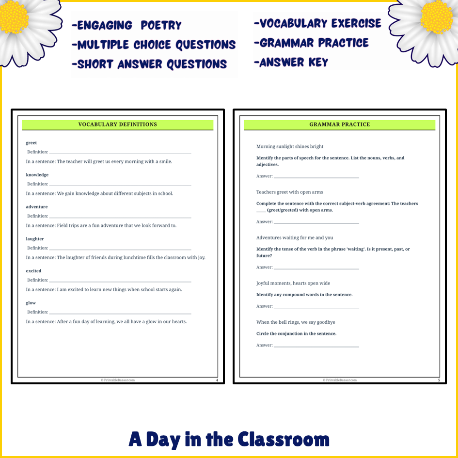 A Day in the Classroom | Poem Grammar Worksheet Printable Activity