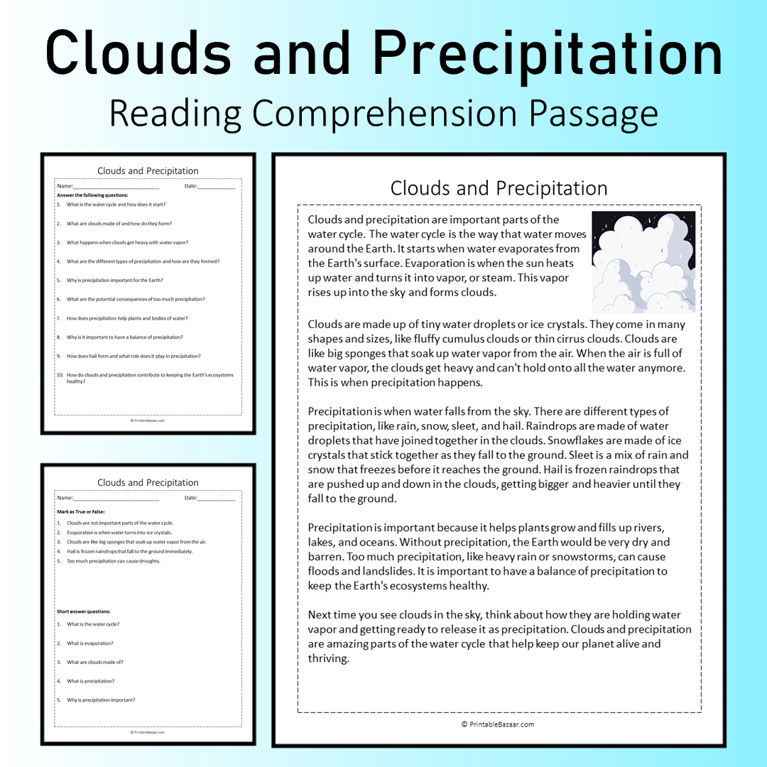 Clouds and Precipitation | Reading Comprehension Passage Printable Worksheet
