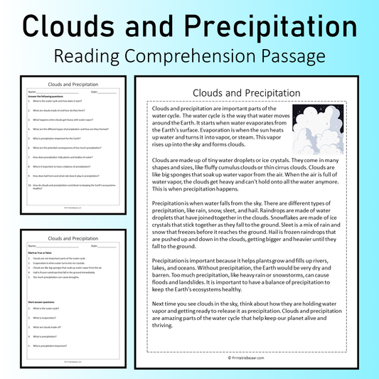 Clouds and Precipitation | Reading Comprehension Passage Printable Worksheet