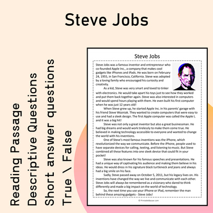 Steve Jobs | Reading Comprehension Passage Printable Activity