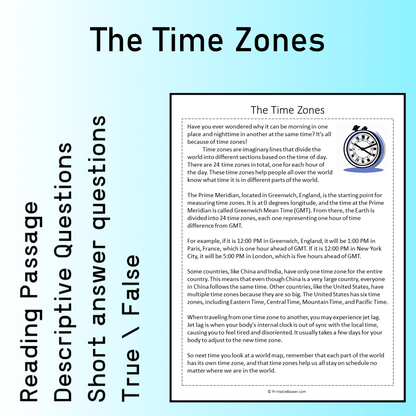 The Time Zones | Reading Comprehension Passage Printable Worksheet