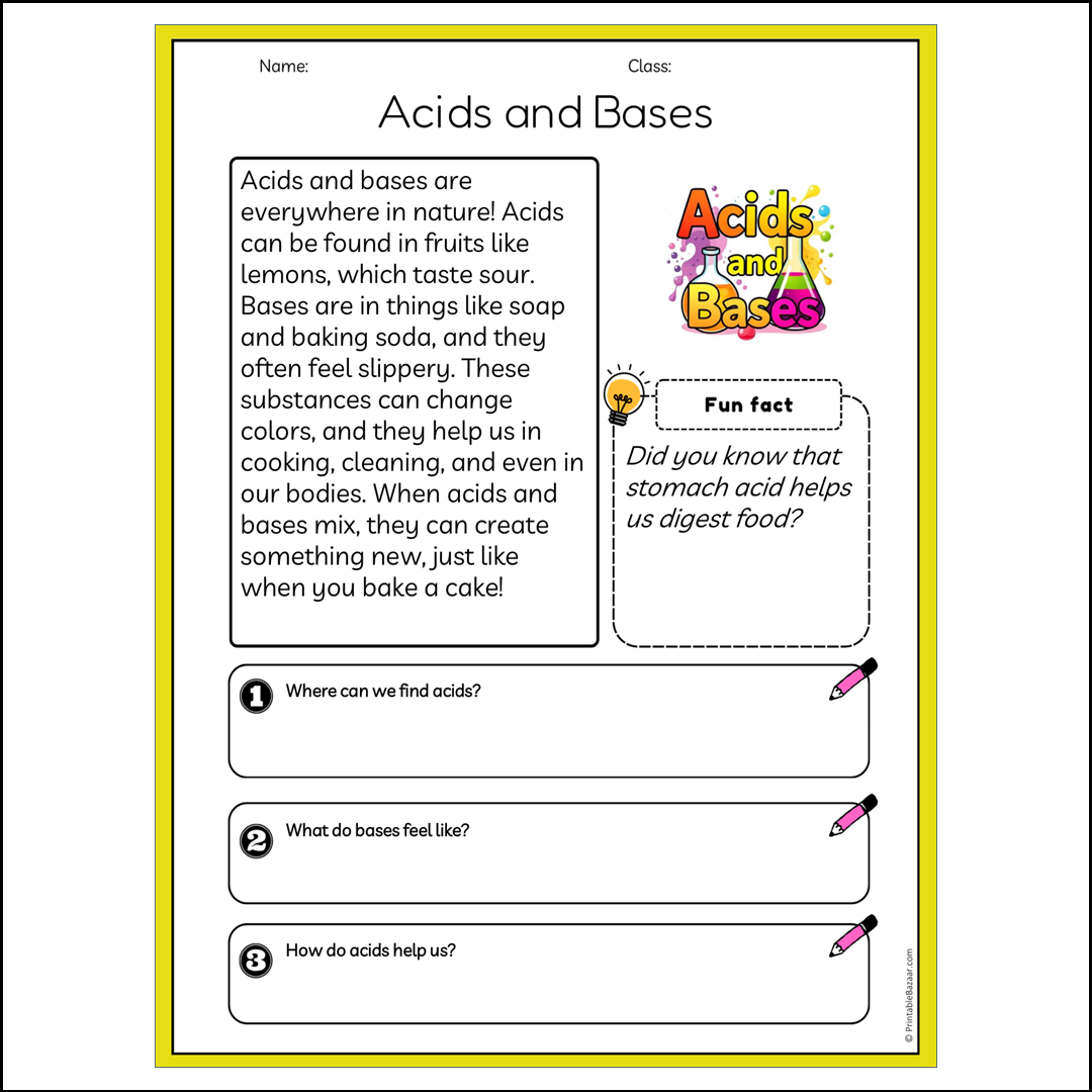 Acids and Bases | Reading Passage Comprehension Questions Writing Facts Worksheet