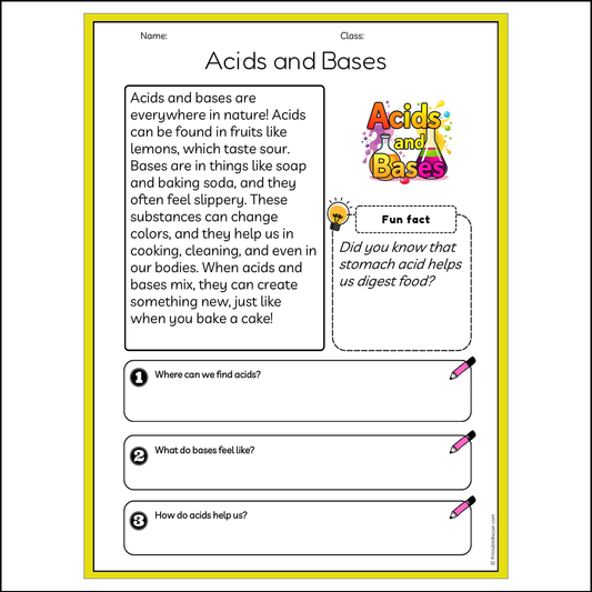 Acids and Bases | Reading Passage Comprehension Questions Writing Facts Worksheet