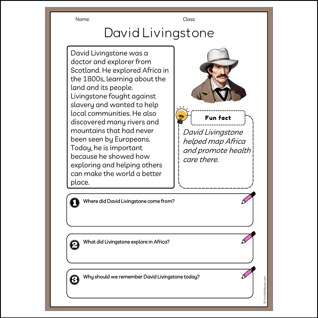 David Livingstone | Reading Passage Comprehension Questions Writing Facts Worksheet