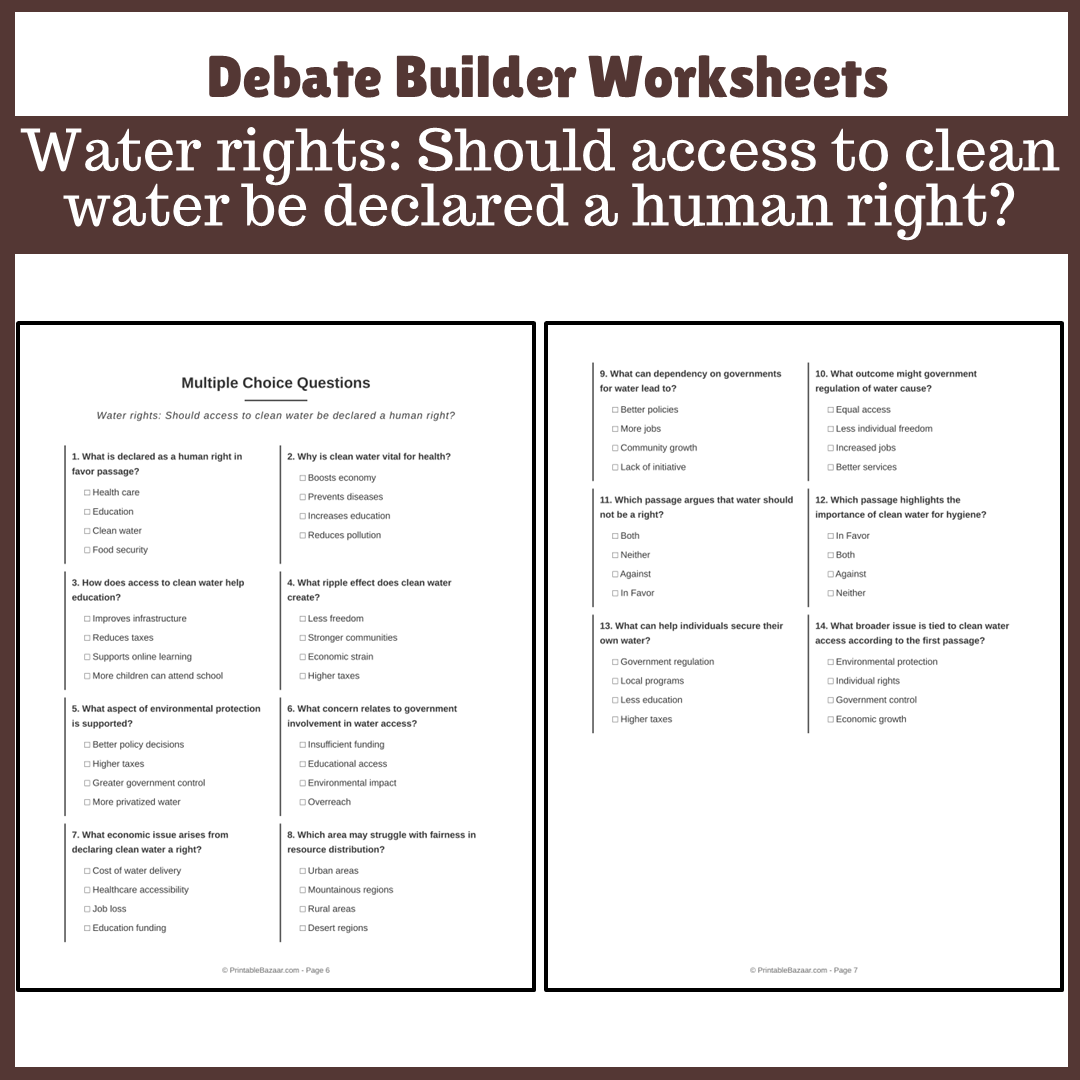 Water rights: Should access to clean water be declared a human right? | Favour and Against Worksheet Printable Activity