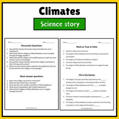 Climates | Science Story Reading Comprehension Activity