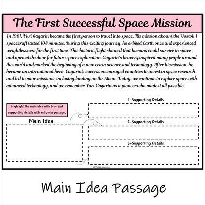 The First Successful Space Mission | Main Idea and Supporting Details Reading Passage and Questions