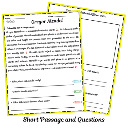 Gregor Mendel | Short Reading Comprehension Creative Worksheet