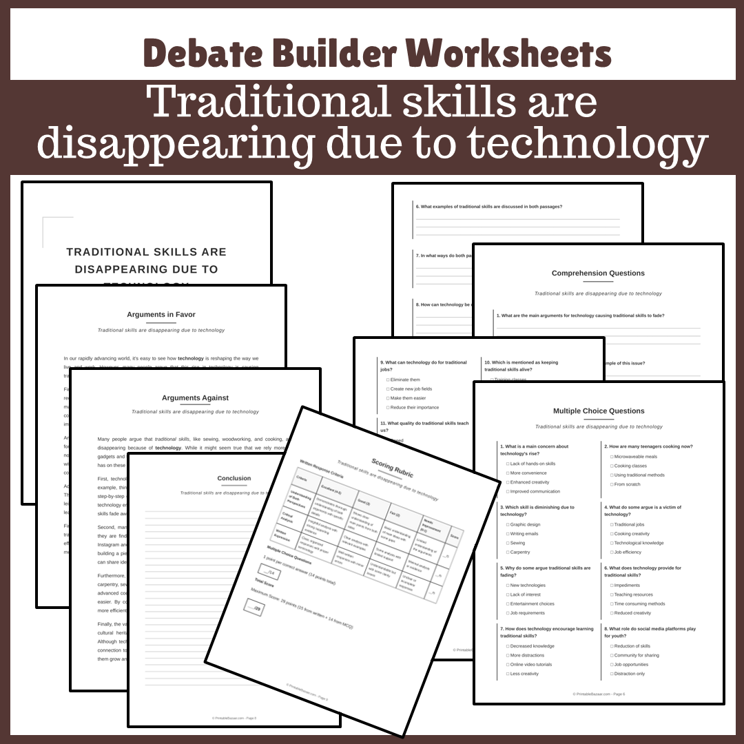 Traditional skills are disappearing due to technology | Favour and Against Worksheet Printable Activity