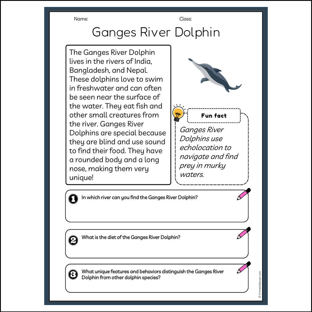 Ganges River Dolphin | Reading Passage Comprehension Questions Writing Facts Worksheet