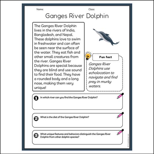 Ganges River Dolphin | Reading Passage Comprehension Questions Writing Facts Worksheet