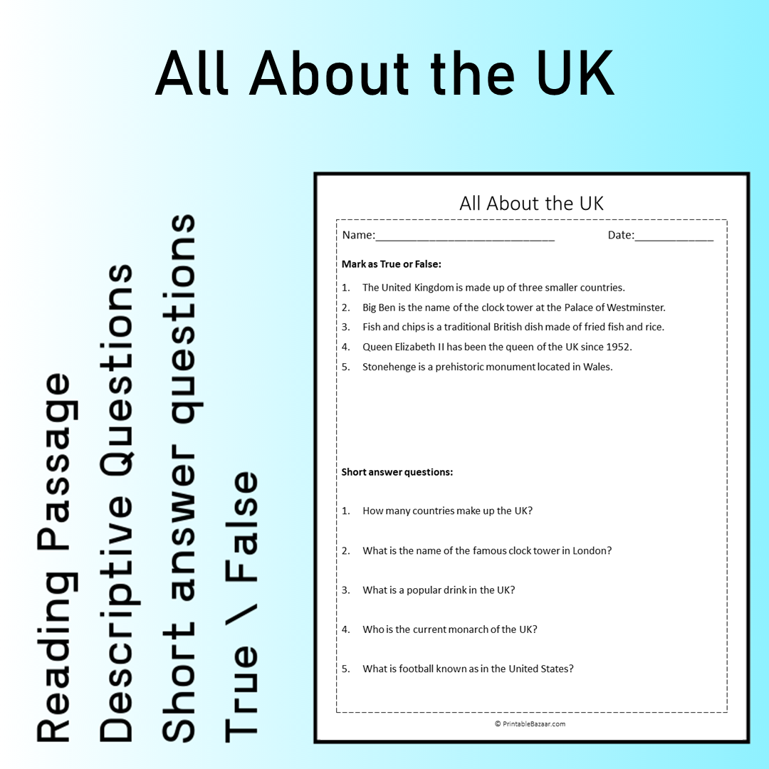 All About the UK | Reading Comprehension Passage Printable Worksheet