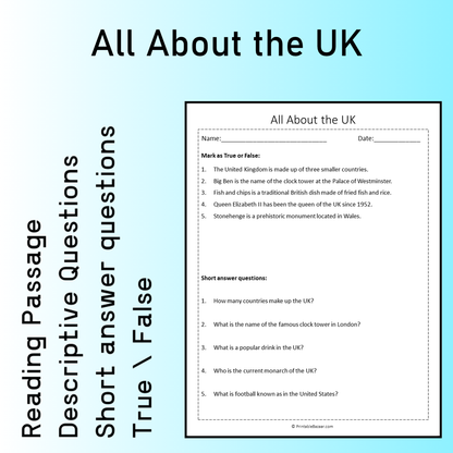 All About the UK | Reading Comprehension Passage Printable Worksheet