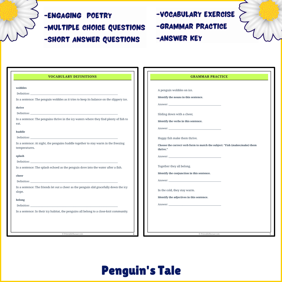Penguin's Tale | Poem Grammar Worksheet Printable Activity