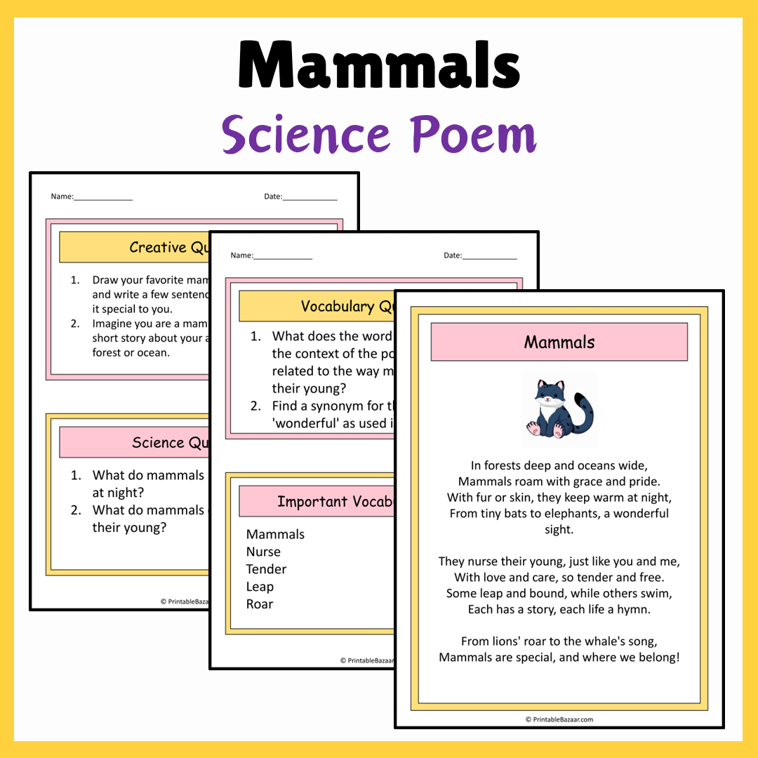 Mammals | Science Poem Reading Comprehension Activity