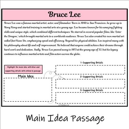 Bruce Lee | Main Idea and Supporting Details Reading Passage and Questions