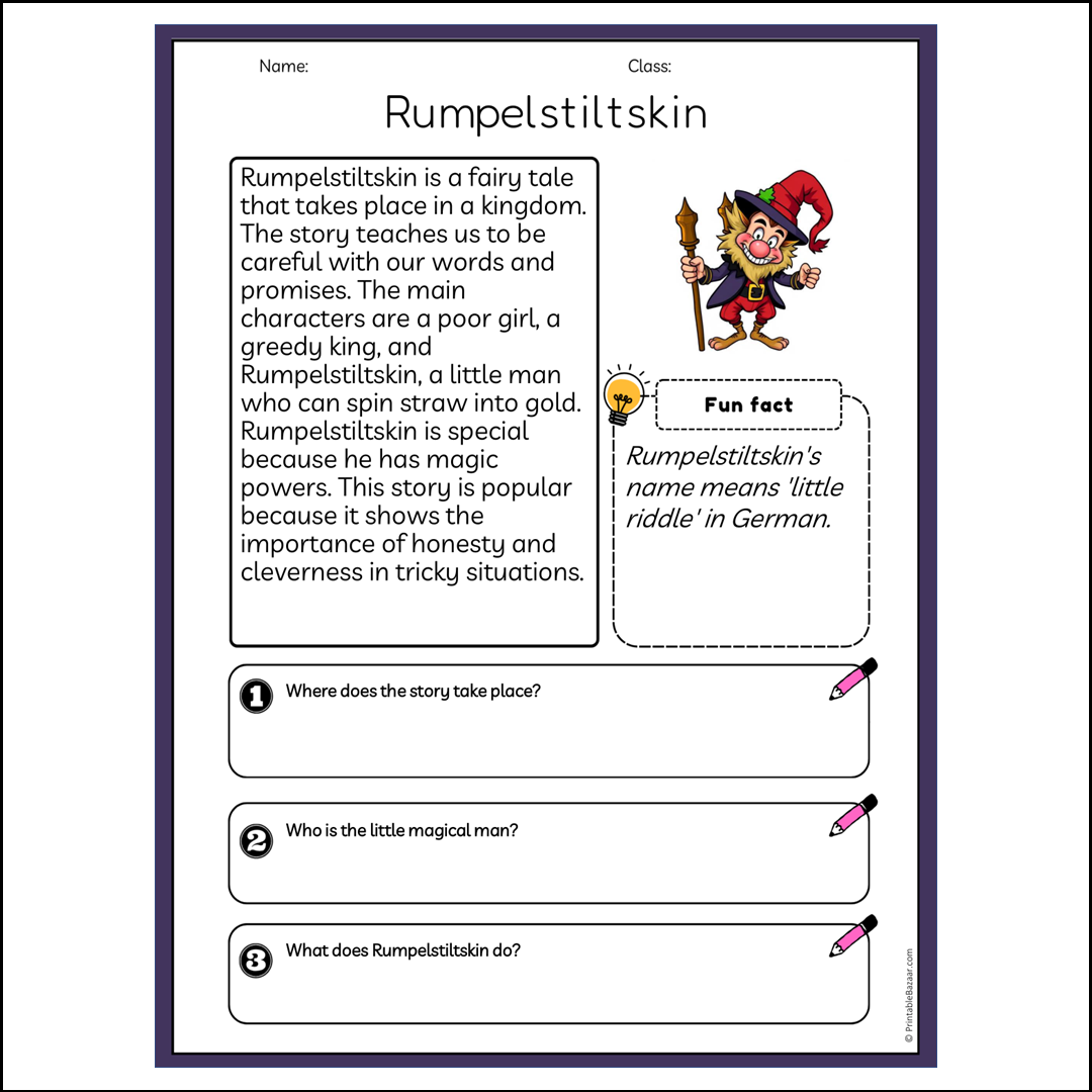 Rumpelstiltskin | Reading Passage Comprehension Questions Writing Facts Worksheet