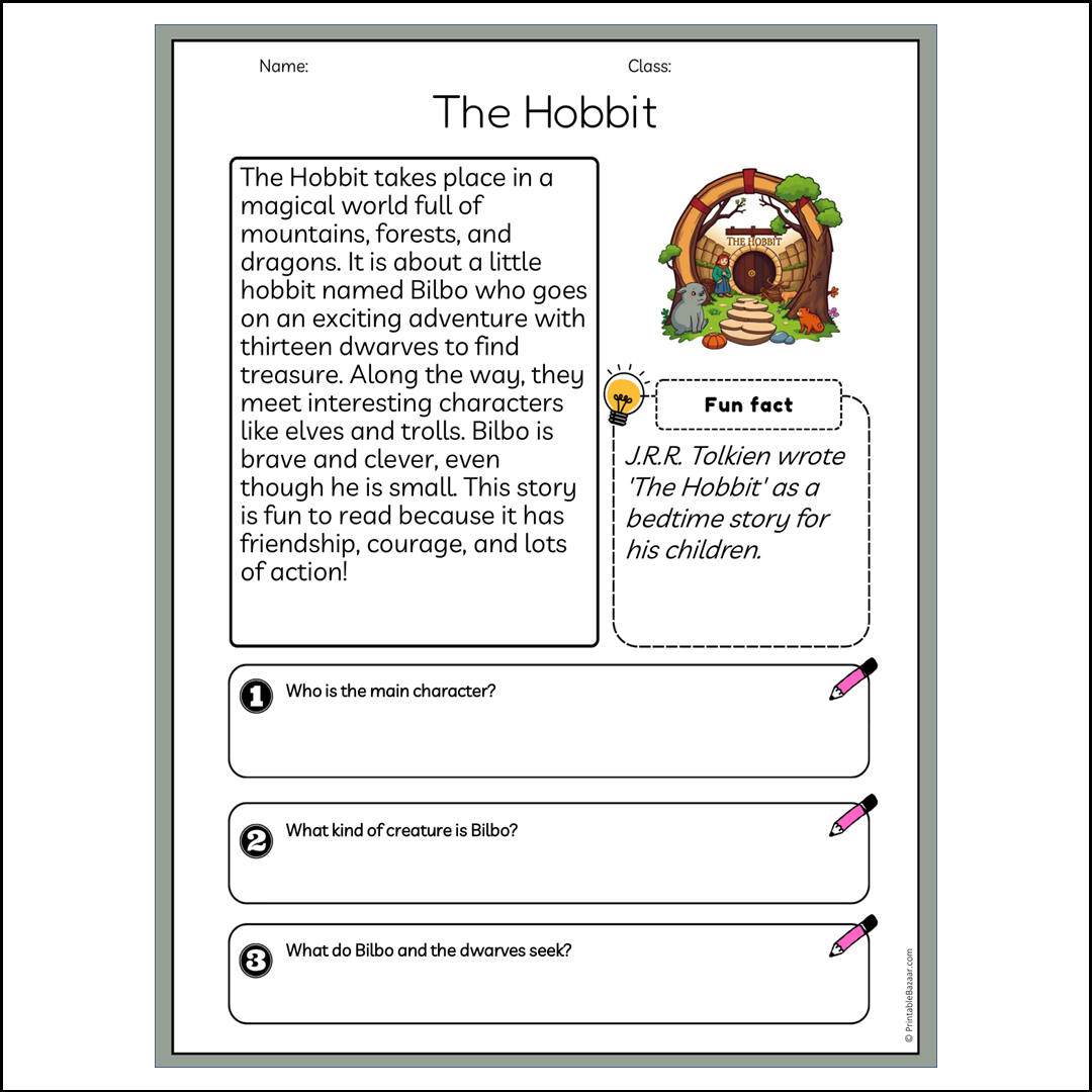 The Hobbit | Reading Passage Comprehension Questions Writing Facts Worksheet