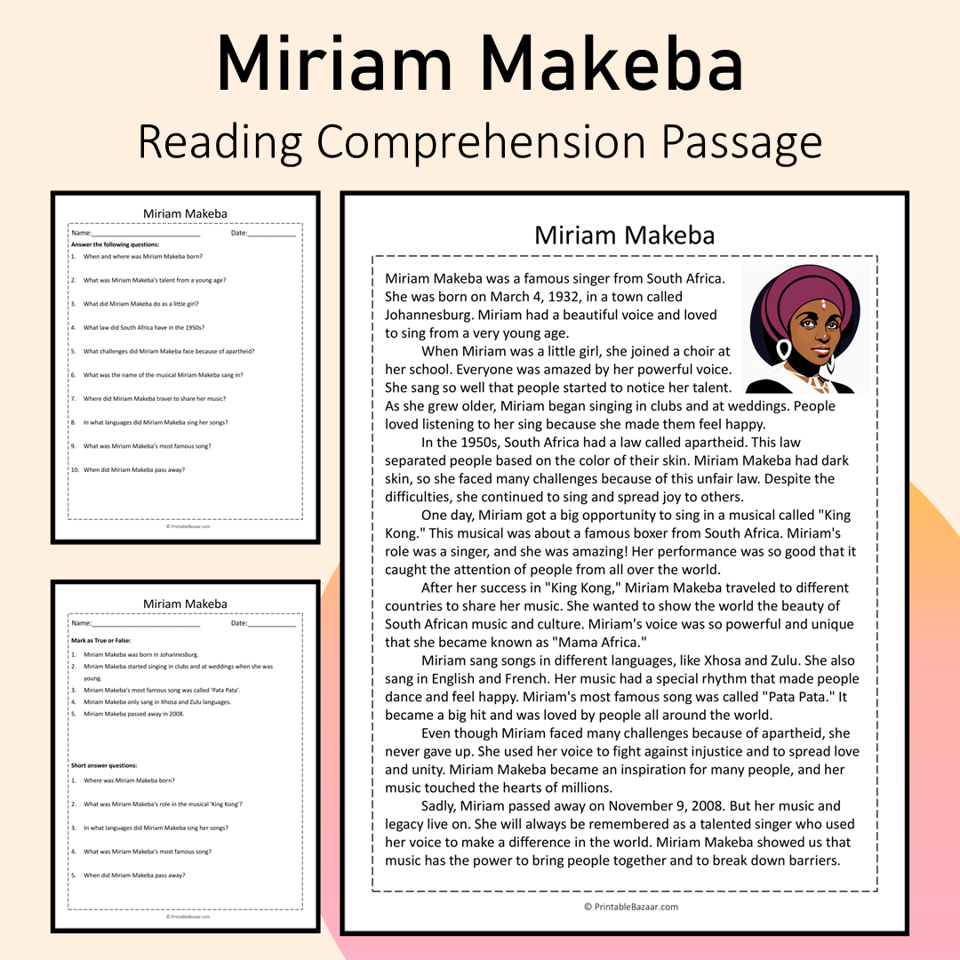 Miriam Makeba Reading Comprehension Passage Printable Activity