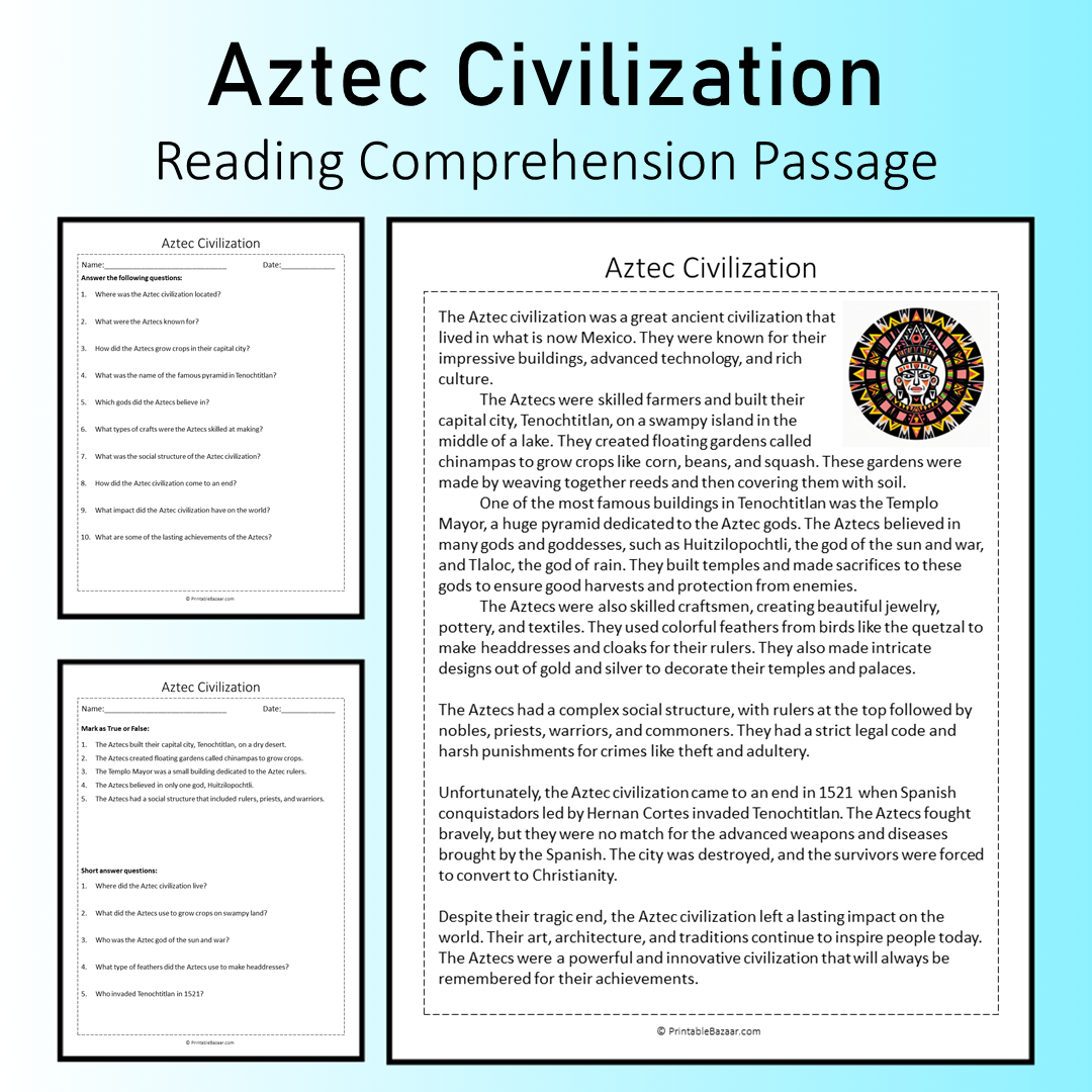 Aztec Civilization | Reading Comprehension Passage Printable Worksheet